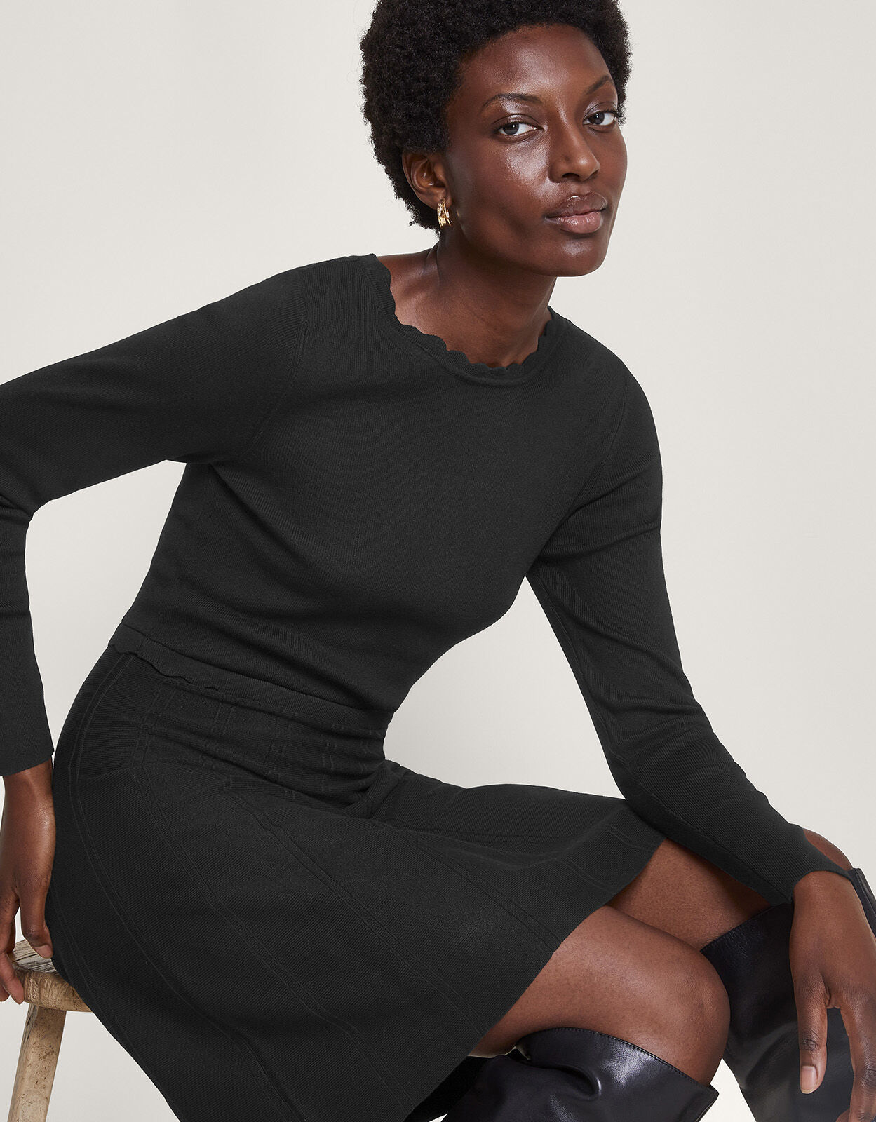 Tie Back Scallop Neck Dress Black