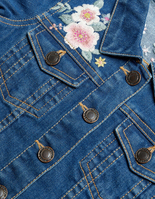 Embroidered Flower Denim Jacket, Blue (BLUE), large