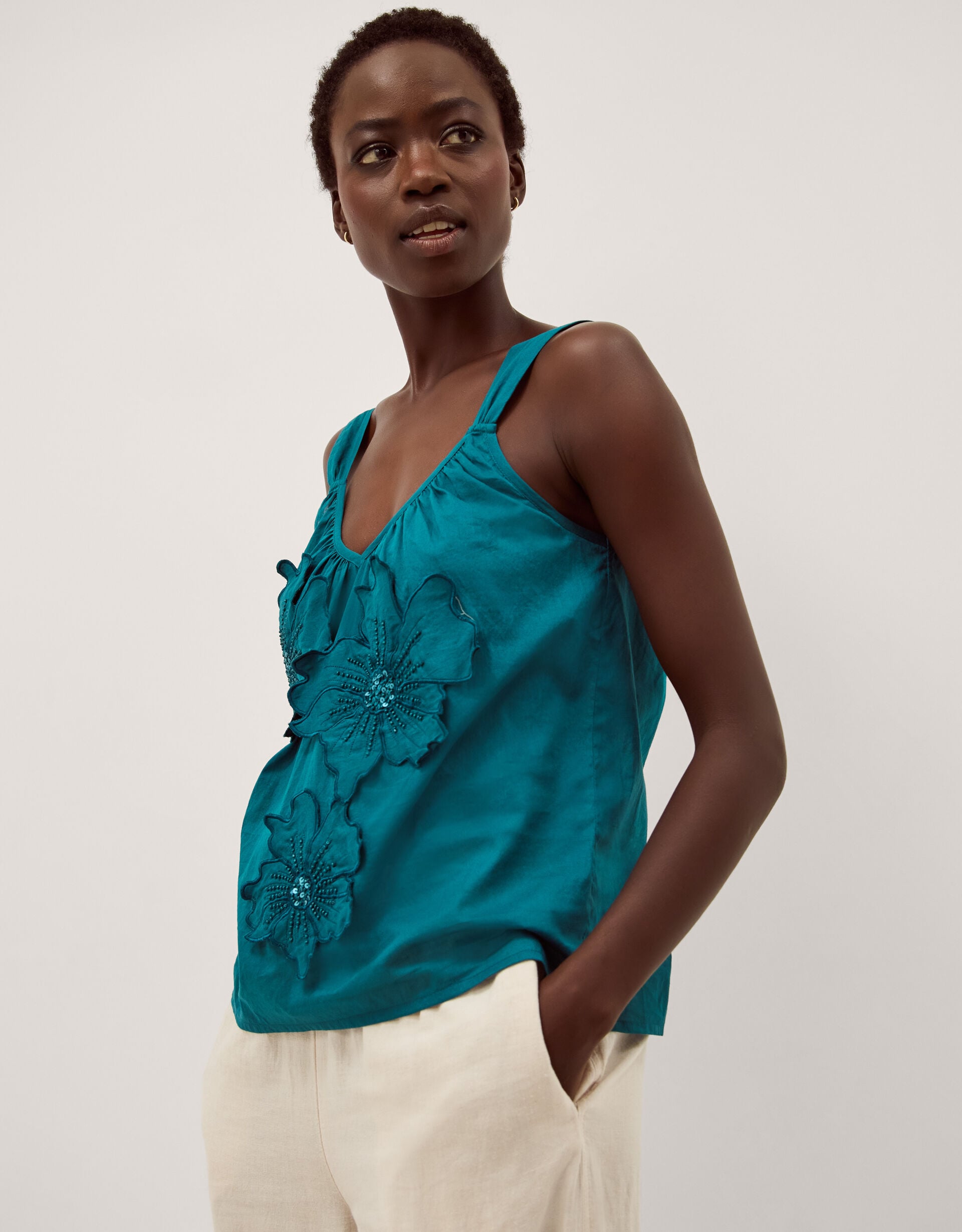 Rosalie Sleeveless Floral Embellished Top Teal