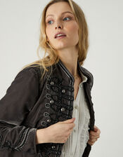 Vicki Embroidered Velvet Military Jacket, Grey (GREY), large