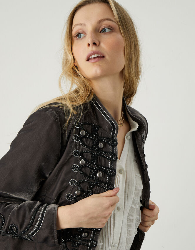 Vicki Embroidered Velvet Military Jacket, Grey (GREY), large