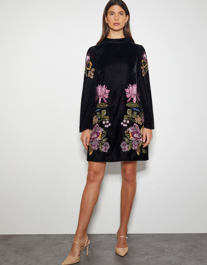 Freya Embroidered Velvet Tunic Dress, Black (BLACK), large