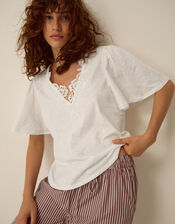 Layla V-Neck Lace Jersey Top, Ivory (IVORY), large