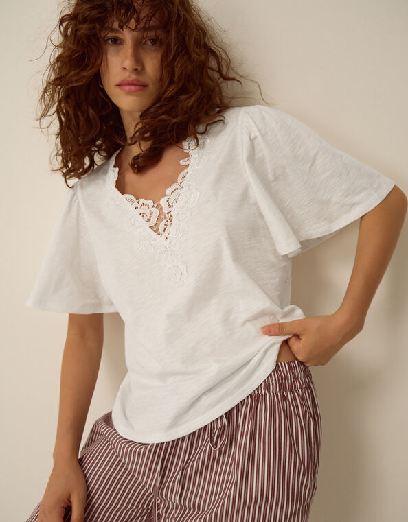Layla V-Neck Lace Jersey Top, Ivory (IVORY), large