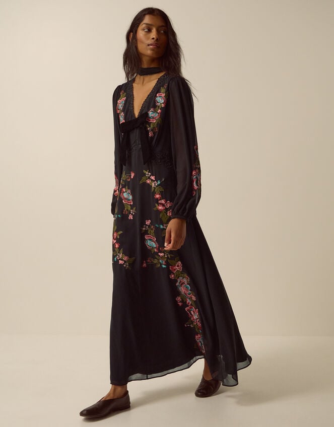 Margot Long Sleeve Floral Embroidered Midi Dress, Black (BLACK), large