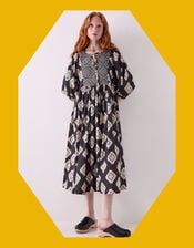 East Kaira Geometric Monochrome Midi Dress, Black (BLACK WHITE), large