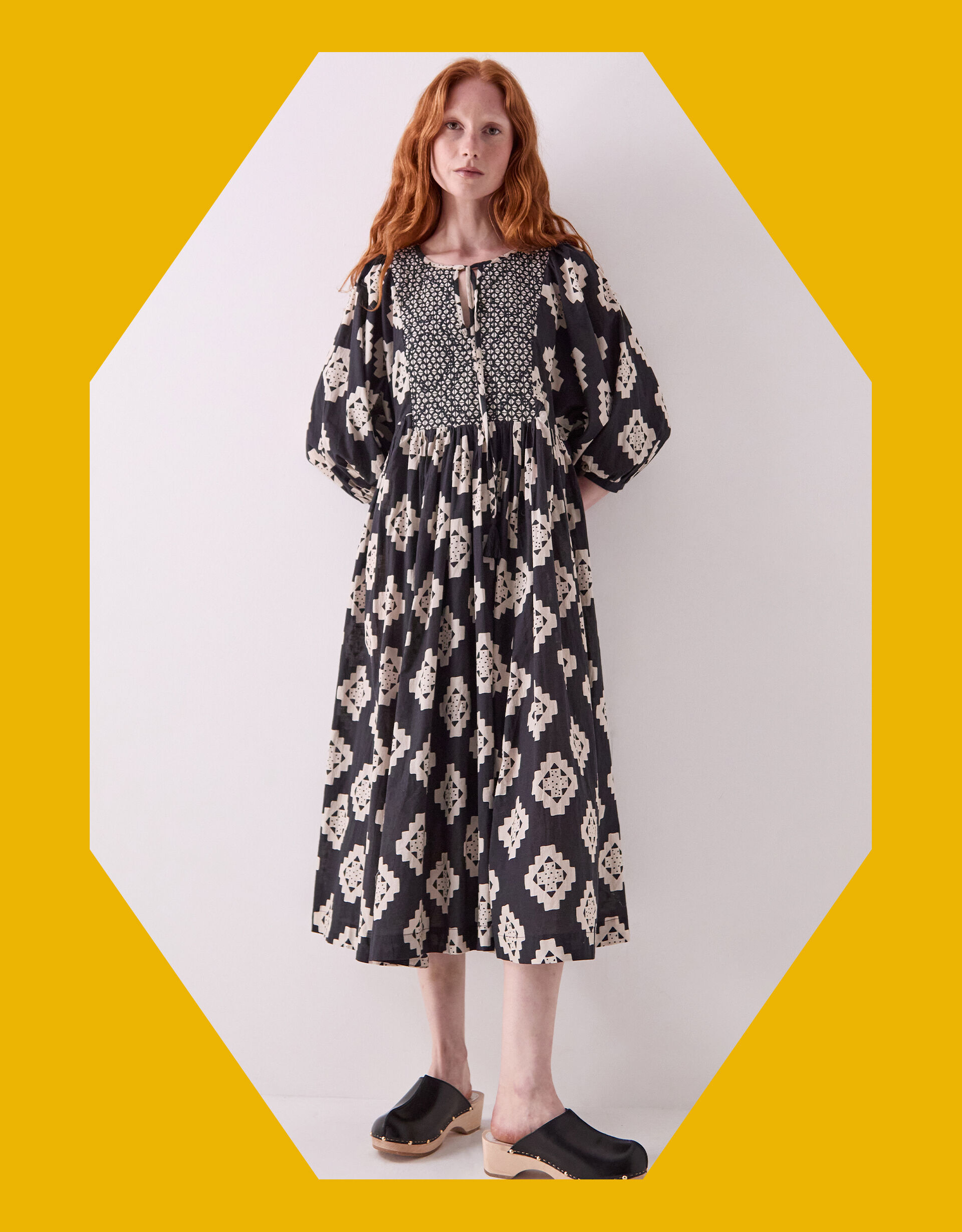 East Kaira Geometric Monochrome Midi Dress Black