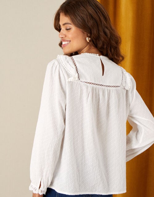 Frill Bib Blouse in Pure Cotton, Ivory (IVORY), large