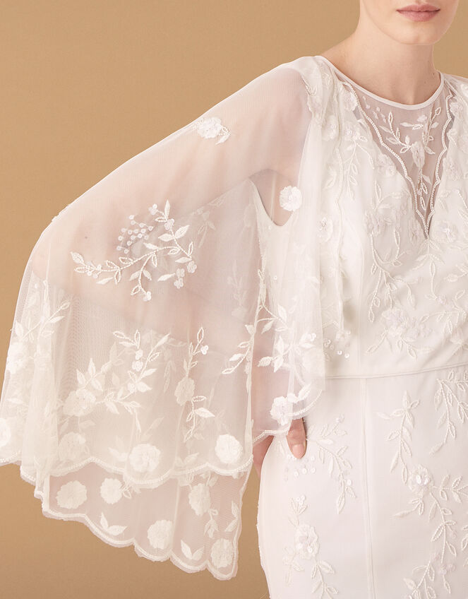 Zoey Floral Cape Bridal Dress, Ivory (IVORY), large