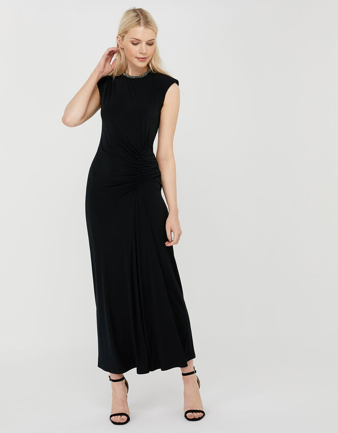 Melissa Beaded Neckline Ruched Maxi Dress, Black (BLACK), large
