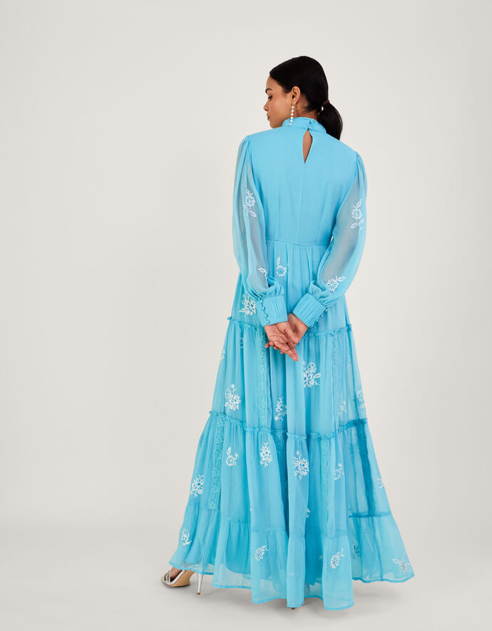 Maddie Embroidered Maxi Dress in Recycled Polyester Blue Evening Dresses Monsoon UK.
