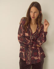 Poppy V-Neck Embellished Patchwork Blouse, Red (BURGUNDY), large