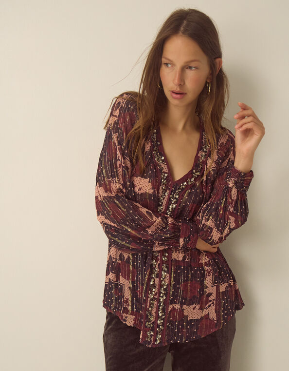 Poppy V-Neck Embellished Patchwork Blouse, Red (BURGUNDY), large