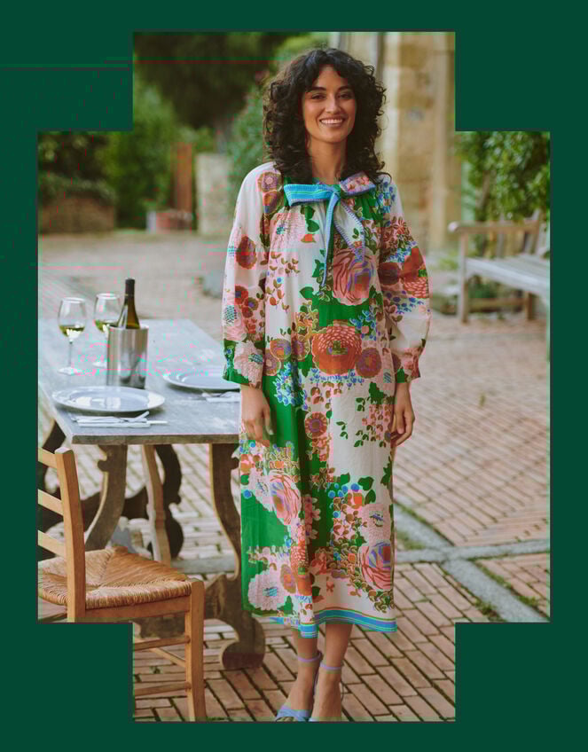 One Hundred Stars Kitsch Bouquet Pussybow Midi Dress, , large