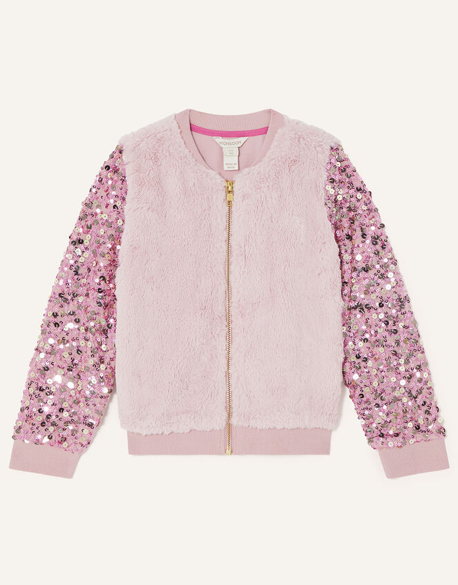 Sequin Sleeve Fur Bomber Jacket, Pink (PINK), large