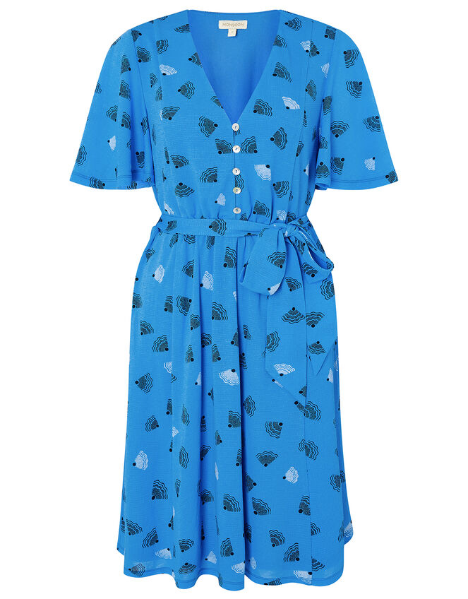Nancy Printed Tie Belt Short Dress, Blue (BLUE), large