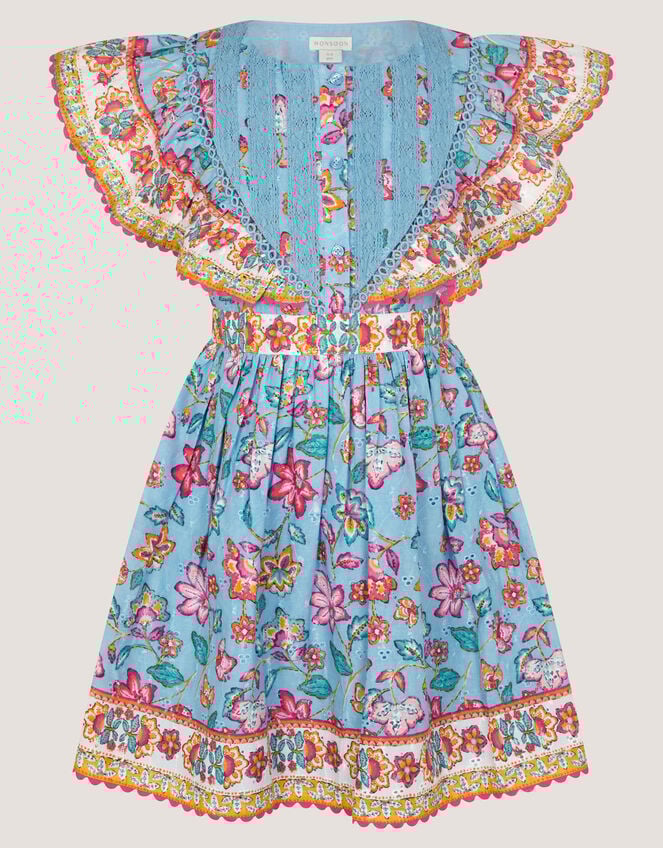 Adara Floral Print Broderie Dress, Blue (BLUE), large