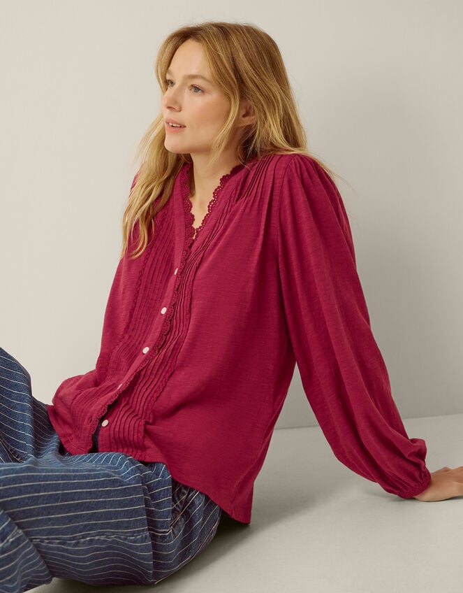 Jenny Pintuck Lace Jersey Blouse, Red (BURGUNDY), large