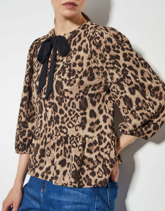 Archie Leopard Print Peplum Top, Brown (BROWN), large
