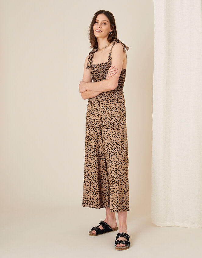 Animal Print Shirred Jumpsuit, Natural (NATURAL), large