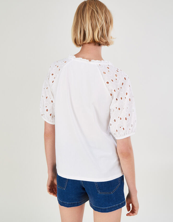 Broderie Sleeve Jersey Top in Sustainable Cotton, Ivory (IVORY), large