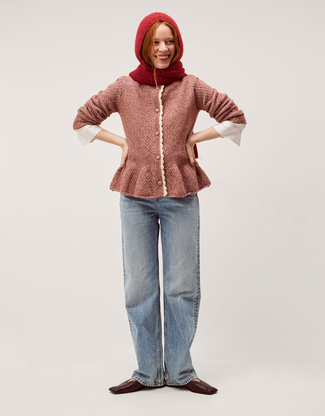 Suki Scallop Trim Peplum Cardigan, Pink (ROSE PINK), large