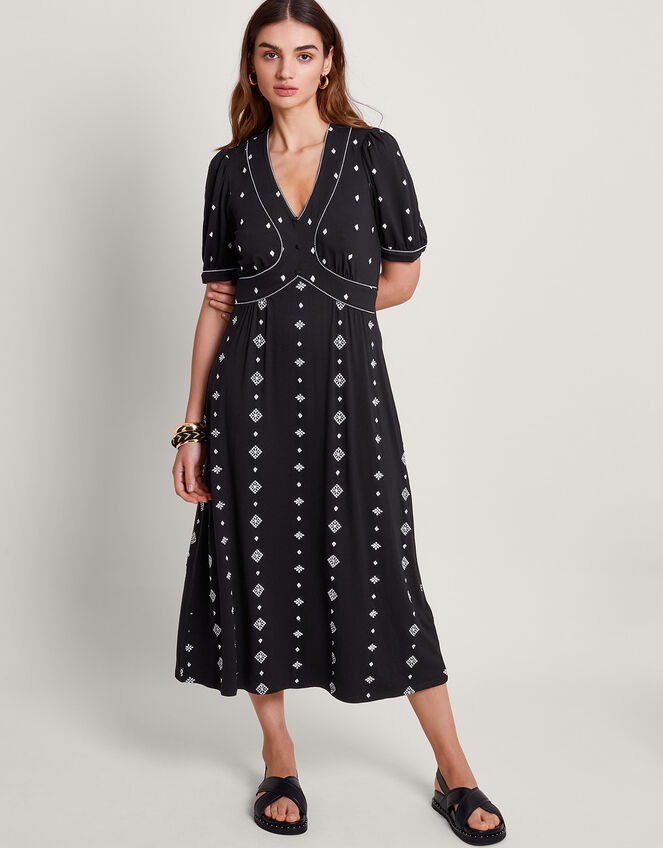 Ethel Embroidered Jersey Dress, Black (BLACK), large