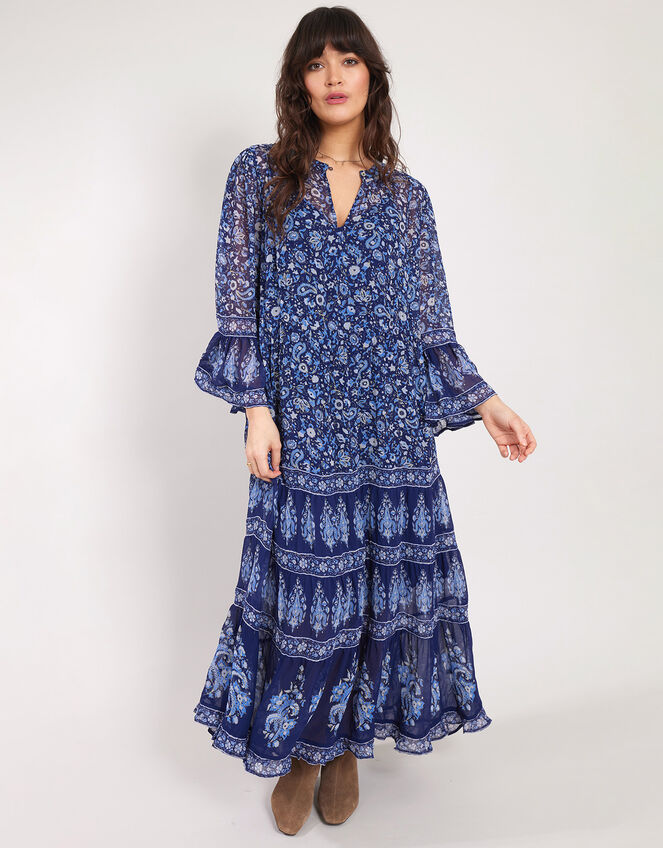 East Print Tiered Maxi Dress, Blue (NAVY), large