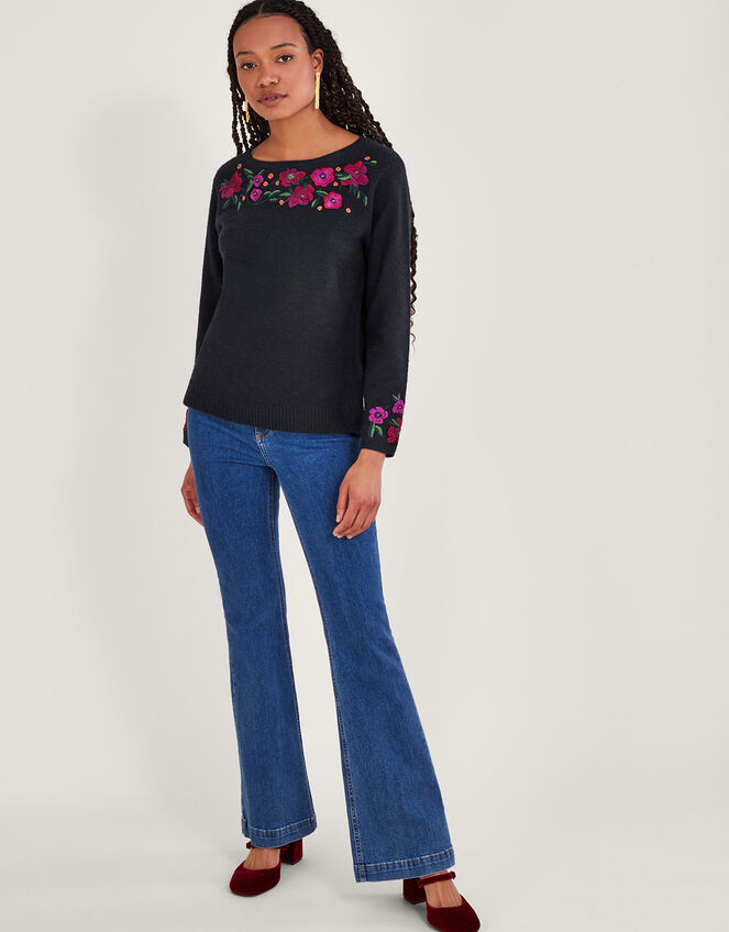 Floral Embroidered Jumper, Blue (NAVY), large