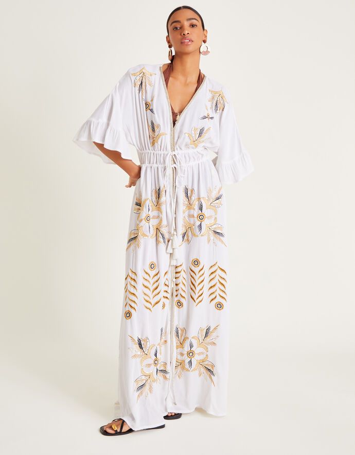 Elegant Floral Embroidered Kaftan Maxi Dress, Handcrafted Abaya 3/4 Sleeve with Gold Trim, V-Neck, Light Blue main image 0