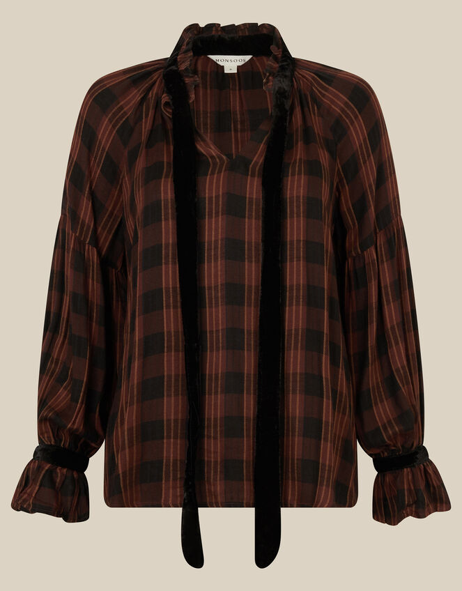 Elsa Check Print Blouson Blouse, Brown (BROWN), large