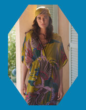 One Hundred Stars Crane Print Drawstring Midi Dress, Green (GREEN), large