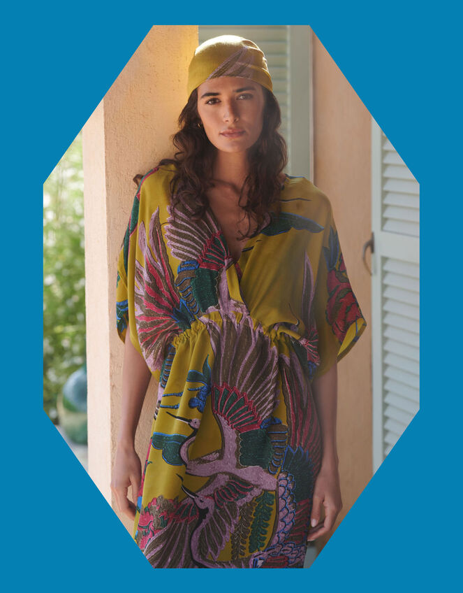 One Hundred Stars Crane Print Drawstring Midi Dress, Green (GREEN), large