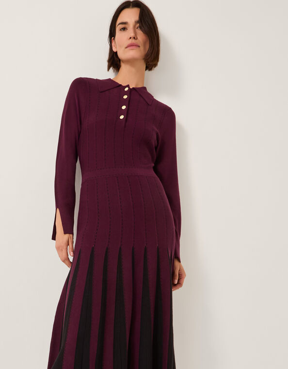 Prue Knit Pleated Shirt Dress, Red (BERRY), large