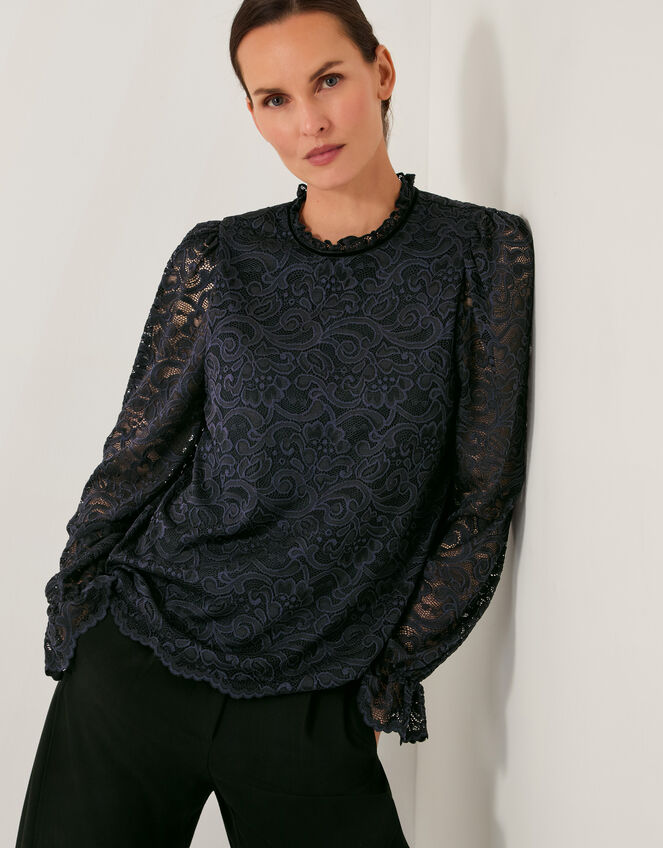 Larna Lace Long Sleeve Stretch Blouse, Blue (NAVY), large