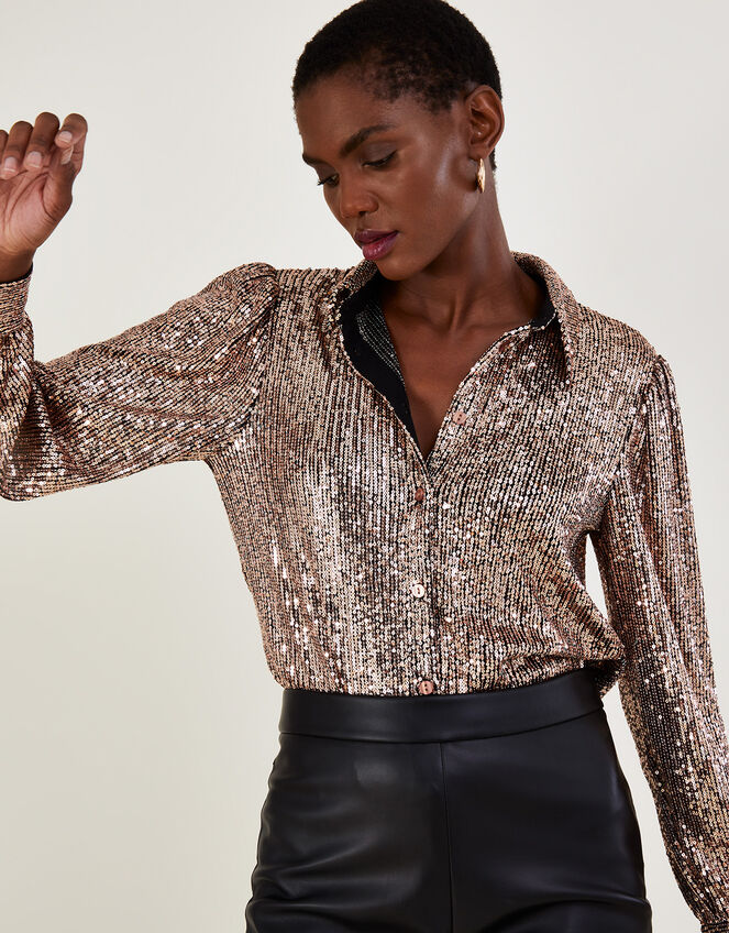 Megan Sequin Button Through Shirt, Gold (GOLD), large