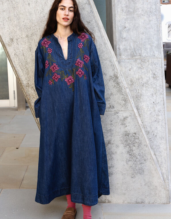 East Reyna Denim Embroidered Dress, Blue (INDIGO), large