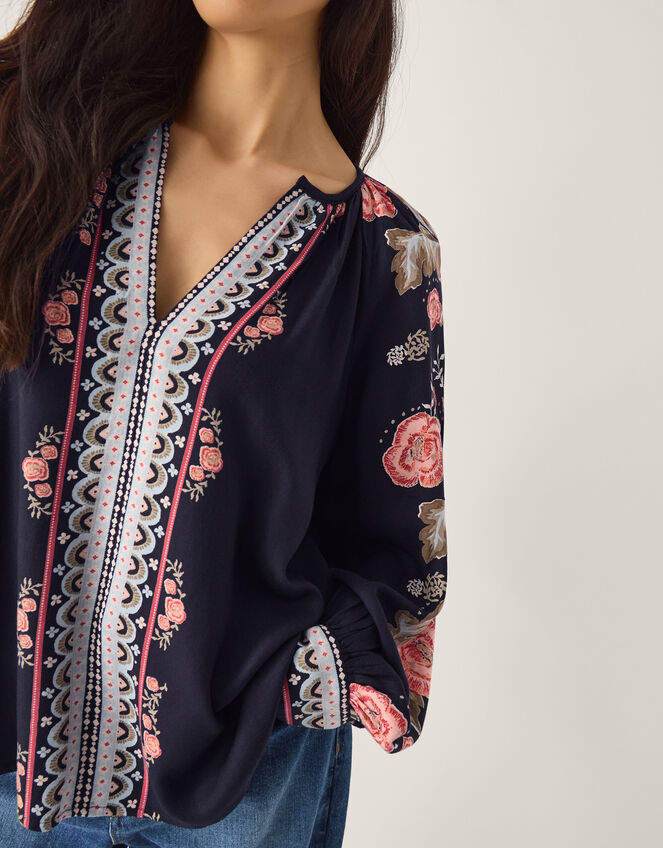Rosalie Floral Print V-Neck Blouse, Blue (NAVY), large
