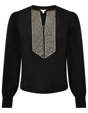 Embroidered Bib Blouse, Black (BLACK), large