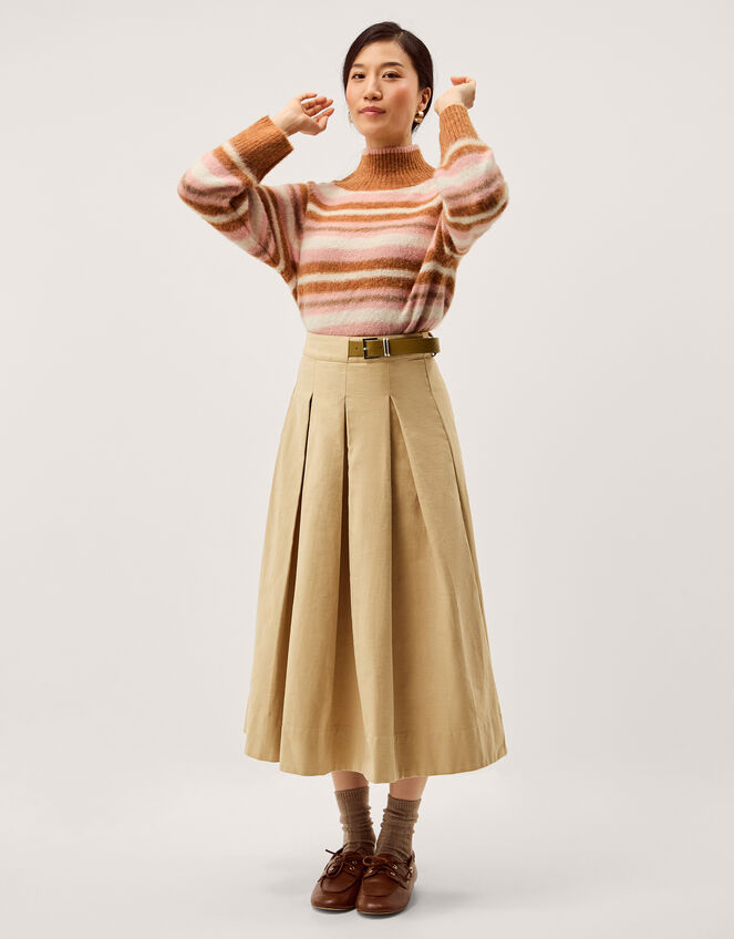 Poppy Buckle Pleated Midi Skirt, Natural (STONE), large