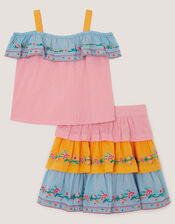 Floral Embroidered Colourblock Top & Skirt Set, Multi (MULTI), large
