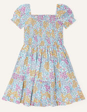 Patchy Floral Shirred Dress, Blue (BLUE), large