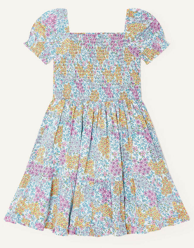 Patchy Floral Shirred Dress, Blue (BLUE), large
