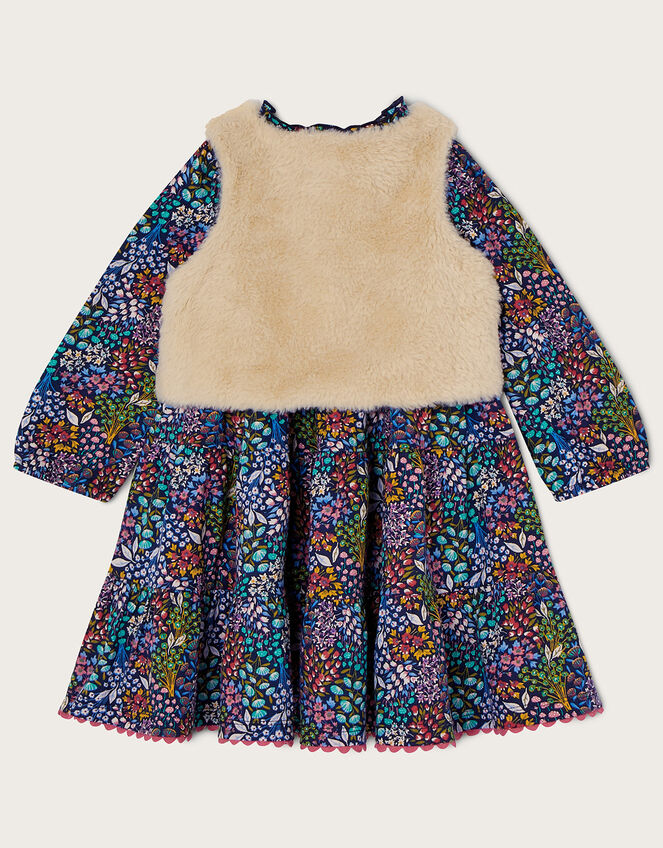 Baby Ditsy Jersey Dress with Faux Fur Gilet, Pink (PINK), large