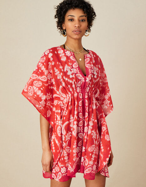 Paisley Print Kaftan in Organic Cotton Red, Red (RED), large