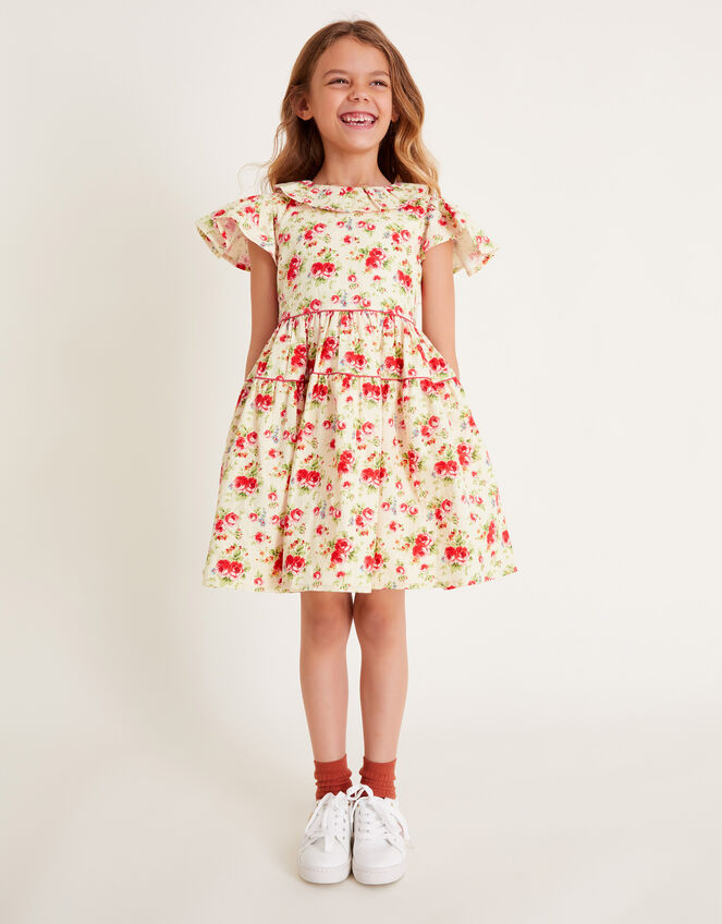 Frilly Short Sleeve Rose Print Dress, Pink (PINK), large