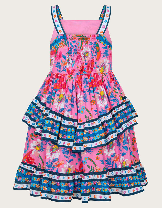 Tropical Print Tiered Dress, Pink (PINK), large