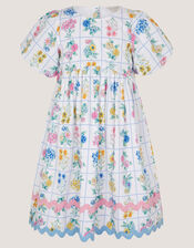 Bonnie Puff Sleeve Checkerboard Floral Dress, Ivory (IVORY), large