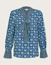 Clover Print Pussybow Blouse, Blue (NAVY), large