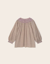 East Alina Floral Printed Smocking Top, Brown (BROWN), large